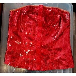 Vint. Glam Rock  Small Red Sequin Corset With Boning And Button Down Front. B11